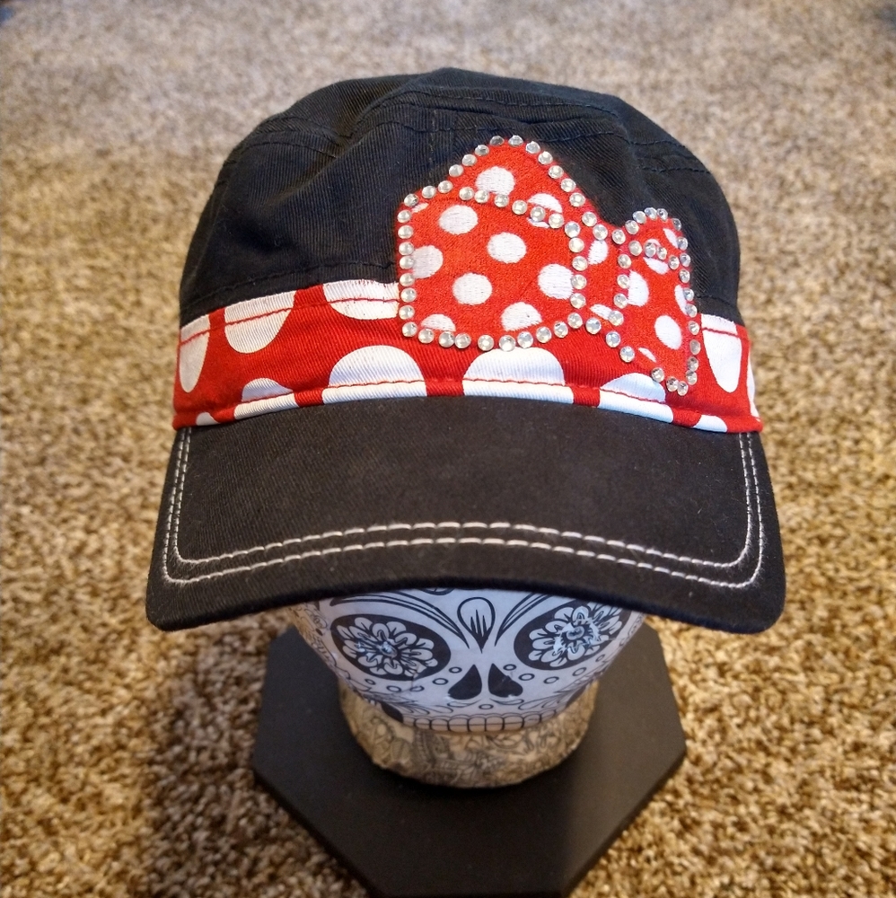 Disney Parks Minnie Mouse Black Red Polka Dot Bow Adjustable Hat Adult (57-62cm)
